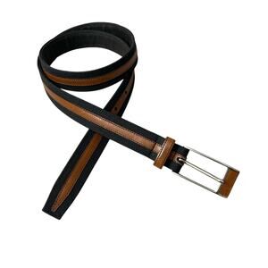 Mezlan Canvas Leather Belt Mens Medium Brown Black Silver Buckle Spain 1in